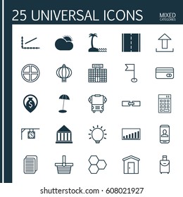 Set Of 25 Universal Editable Icons. Can Be Used For Web, Mobile And App Design. Includes Elements Such As Photo Camera, Island Beach, Send Data.