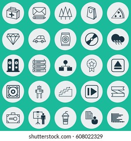 Set Of 25 Universal Editable Icons. Can Be Used For Web, Mobile And App Design. Includes Elements Such As Soda, Following Music, Auto Car And More.