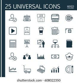 Set Of 25 Universal Editable Icons. Can Be Used For Web, Mobile And App Design. Includes Elements Such As Ornament Watch, Printed Document, Pilot Hat And More.