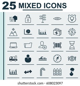 Set Of 25 Universal Editable Icons. Can Be Used For Web, Mobile And App Design. Includes Elements Such As Timber, Document Case, Navigation Arrows And More.
