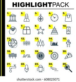 Set Of 25 Universal Editable Icons. Can Be Used For Web, Mobile And App Design. Includes Elements Such As Forest, Dessert, Plane Arrival And More.