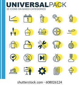 Set Of 25 Universal Editable Icons. Can Be Used For Web, Mobile And App Design. Includes Elements Such As Skip Song, World Ecology, Birthday Cake And More.