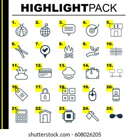 Set Of 25 Universal Editable Icons. Can Be Used For Web, Mobile And App Design. Includes Elements Such As Chip, Text Bubble, Suitcase And More.
