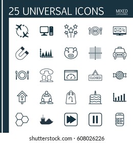Set Of 25 Universal Editable Icons. Can Be Used For Web, Mobile And App Design. Includes Elements Such As Mute Song, Fly Around, Taxi And More.