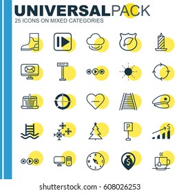 Set Of 25 Universal Editable Icons. Can Be Used For Web, Mobile And App Design. Includes Elements Such As Audio Buttons, Sun, Roadsign And More.