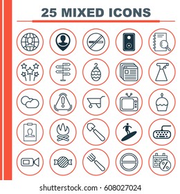 Set Of 25 Universal Editable Icons. Can Be Used For Web, Mobile And App Design. Includes Elements Such As Global Work, Festive Fireworks, Siren And More.