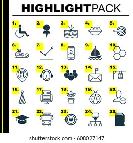 Set Of 25 Universal Editable Icons. Can Be Used For Web, Mobile And App Design. Includes Elements Such As Birthday Hat, Sail Ship, Ladybird And More.