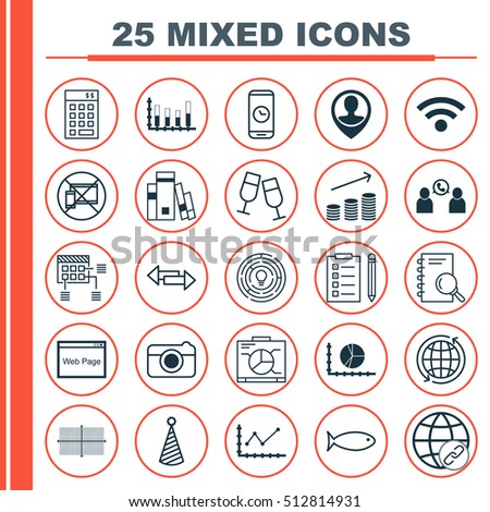 Set Of 25 Universal Editable Icons. Can Be Used For Web, Mobile And App Design. Includes Icons Such As Champagne Glasses, Segmented Bar Graph, Circle Graph And More.