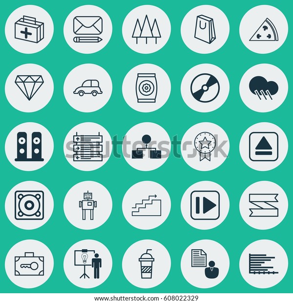 Set Of 25 Universal Editable Icons. Can Be Used\
For Web, Mobile And App Design. Includes Elements Such As Soda,\
Following Music, Auto Car And\
More.