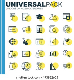 Set Of 25 Universal Icons On Loading Speed, PPC, Graduation And More Topics. Vector Icon Set Including Analysis, SEO Brainstorm, Website And Other Icons.
