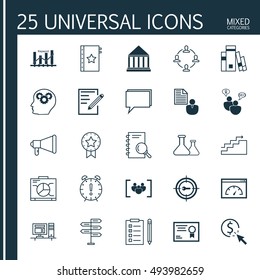 Set Of 25 Universal Icons On Present Badge, Library, Announcement And More Topics. Vector Icon Set Including Report, Chemical, Keyword Optimisation And Other Icons.
