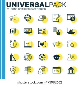 Set Of 25 Universal Icons On Opportunity, Certificate, Security And More Topics. Vector Icon Set Including Report, Graduation, Certificate And Other Icons.