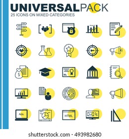 Set Of 25 Universal Icons On Measurement, Market Research, Questionnaire And More Topics. Vector Icon Set Including Coding, Certificate, Keyword Optimisation And Other Icons.