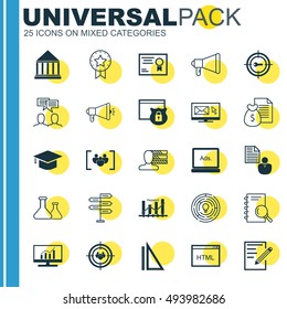 Set Of 25 Universal Icons On Present Badge, Report, Keyword Optimisation And More Topics. Vector Icon Set Including Innovation, Questionnaire, Market Research And Other Icons.