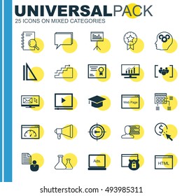 Set Of 25 Universal Icons On Keyword Marketing, Announcement, Security And More Topics. Vector Icon Set Including Questionnaire, Graduation, Digital Media And Other Icons.