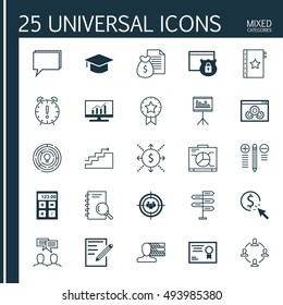 Set Of 25 Universal Icons On Certificate, Report, Market Research And More Topics. Vector Icon Set Including Warranty, Analysis, Focus Group And Other Icons.
