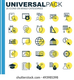 Set Of 25 Universal Icons On Library, Connectivity, Keyword Marketing And More Topics. Vector Icon Set Including Present Badge, PPC, Conference And Other Icons.