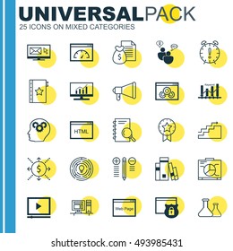 Set Of 25 Universal Icons On Website Performance, Market Research, Analysis And More Topics. Vector Icon Set Including Newsletter, Keyword Optimisation, Market Research And Other Icons.