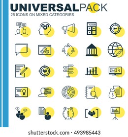 Set Of 25 Universal Icons On Collaboration, Keyword Optimisation, Announcement And More Topics. Vector Icon Set Including Education Center, SEO Brainstorm, Paper And Other Icons.