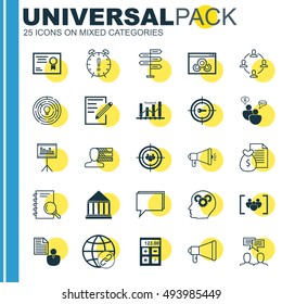 Set Of 25 Universal Icons On Report, Brain Process, Announcement And More Topics. Vector Icon Set Including Questionnaire, SEO Brainstorm, Personal Skills And Other Icons.