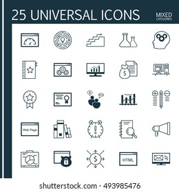 Set Of 25 Universal Icons On Keyword Optimisation, Computer, Library And More Topics. Vector Icon Set Including Growth, Website Performance, Announcement And Other Icons.
