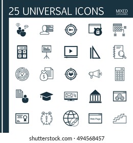 Set Of 25 Universal Icons On Education Center, Report, Presentation And More Topics. Vector Icon Set Including Measurement, Education Center, SEO Brainstorm And Other Icons.