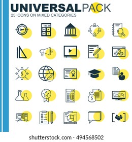 Set Of 25 Universal Icons On Connectivity, Computer, Media Campaign And More Topics. Vector Icon Set Including Financial, Connectivity, Graduation And Other Icons.