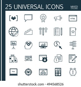 Set Of 25 Universal Icons On Opportunity, Present Badge, Questionnaire And More Topics. Vector Icon Set Including Report, Warranty, Present Badge And Other Icons.