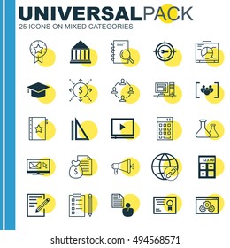 Set Of 25 Universal Icons On Analysis, Connectivity, Warranty And More Topics. Vector Icon Set Including Video Player, Present Badge, Analysis And Other Icons.
