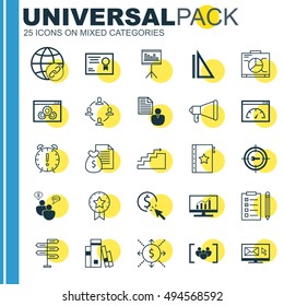 Set Of 25 Universal Icons On Website Performance, SEO Brainstorm, Money And More Topics. Vector Icon Set Including Presentation, Report, Loading Speed And Other Icons.