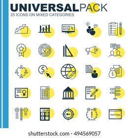Set Of 25 Universal Icons On Keyword Optimisation, Time Management, SEO Brainstorm And More Topics. Vector Icon Set Including Time Management, Connectivity, Newsletter And Other Icons.
