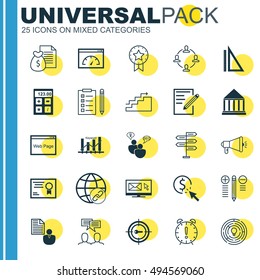 Set Of 25 Universal Icons On Newsletter, Decision Making, Discussion And More Topics. Vector Icon Set Including Media Campaign, SEO Brainstorm, Education Center And Other Icons.