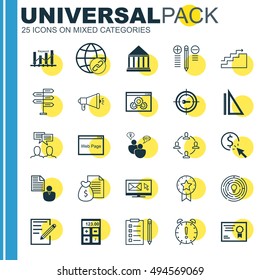 Set Of 25 Universal Icons On Media Campaign, Keyword Optimisation, Connectivity And More Topics. Vector Icon Set Including Education Center, Growth, SEO Brainstorm And Other Icons.