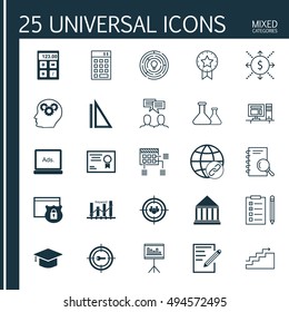 Set Of 25 Universal Icons On Connectivity, Analysis, Computer And More Topics. Vector Icon Set Including Presentation, Keyword Optimisation, Paper And Other Icons.