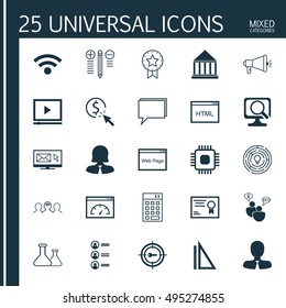 Set Of 25 Universal Icons On Chip, Newsletter, Certificate And More Topics. Vector Icon Set Including Loading Speed, Investment, Keyword Marketing And Other Icons.