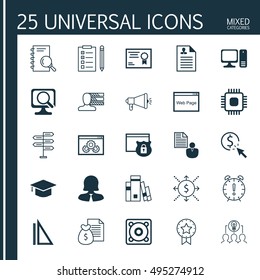 Set Of 25 Universal Icons On Curriculum Vitae, Security, Business Woman And More Topics. Vector Icon Set Including Website, Money, Time Management And Other Icons.