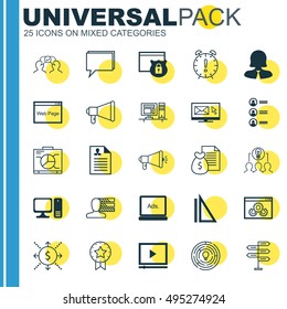 Set Of 25 Universal Icons On Business Woman, Collaborative Solution, Cooperation And More Topics. Vector Icon Set Including Digital Media, Opportunity, Security And Other Icons.