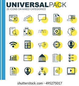 Set Of 25 Universal Icons On Analysis, Education Center, Employee Location And More Topics. Vector Icon Set Including Keyword Optimisation, Library, Female Application And Other Icons.