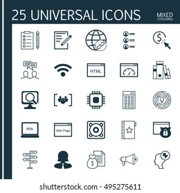 Set Of 25 Universal Icons On Paper, Media Campaign, Wireless And More Topics. Vector Icon Set Including Music, Questionnaire, Reminder And Other Icons.