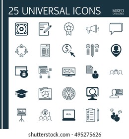 Set Of 25 Universal Icons On Present Badge, Newsletter, Music And More Topics. Vector Icon Set Including Graduation, Conference, Decision Making And Other Icons.