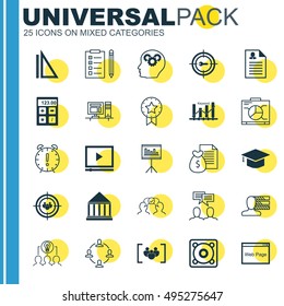 Set Of 25 Universal Icons On Collaboration, Personal Skills, Website And More Topics. Vector Icon Set Including Reminder, Education Center, Keyword Optimisation And Other Icons.