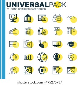 Set Of 25 Universal Icons On Presentation, Music, Market Research And More Topics. Vector Icon Set Including Connectivity, Keyword Optimisation, Website And Other Icons.