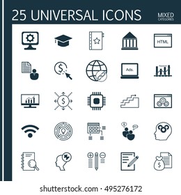 Set Of 25 Universal Icons On Growth, Analysis, Money And More Topics. Vector Icon Set Including Human Mind, Graduation, SEO Brainstorm And Other Icons.
