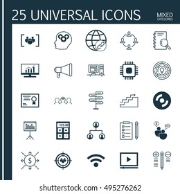 Set Of 25 Universal Icons On Certificate, Financial, Wireless And More Topics. Vector Icon Set Including Innovation, Reminder, Brain Process And Other Icons.