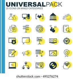 Set Of 25 Universal Icons On Present Badge, Paper, Brain Process And More Topics. Vector Icon Set Including Security, Chemical, Certificate And Other Icons.