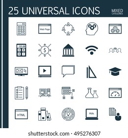 Set Of 25 Universal Icons On Financial, Wireless, Computer And More Topics. Vector Icon Set Including Chemical, Coaching, Education Center And Other Icons.