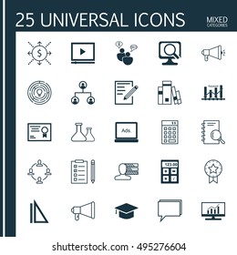 Set Of 25 Universal Icons On SEO Brainstorm, Conference, Graduation And More Topics. Vector Icon Set Including Financial, Paper, Video Player And Other Icons.