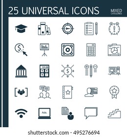 Set Of 25 Universal Icons On Decision Making, Financial, Library And More Topics. Vector Icon Set Including Questionnaire, Presentation, Library And Other Icons.