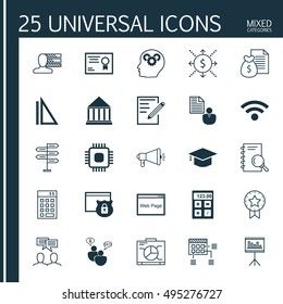 Set Of 25 Universal Icons On Presentation, Analysis, Security And More Topics. Vector Icon Set Including Report, Wireless, Financial And Other Icons.