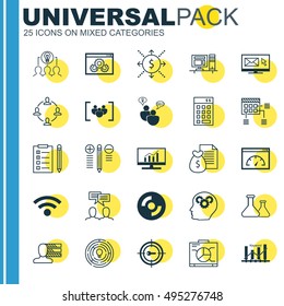 Set Of 25 Universal Icons On Personal Skills, Wireless, Investment And More Topics. Vector Icon Set Including Money, SEO Brainstorm, Website Performance And Other Icons.